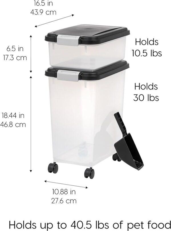 RIS USA 3-Piece 35 Lbs / 45 Qt WeatherPro Airtight Pet Food Storage Container Combo with Scoop and Treat Box for Dog Cat and Bird Food, Keep Pests Out, Translucent Body, Easy Mobility, Black - Image 2